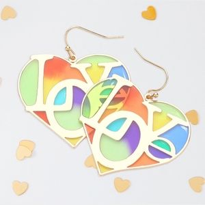 Gold LOVE Colorful Glass Heart Dangle Earrings Statement Jewelry Worded